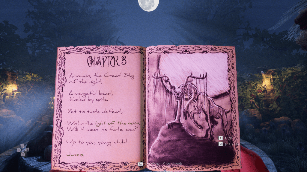 A book is being held open in the center of the screen, it reads "Chapter 3. Arveado, the Great Stag of the night, A vengeful beast, fueled by spite. Yet to taste defeat, Within the light of the moon, Will it meet its fate soon? Up to you, young child. Juizo" on the left page, and a sketchy illustration of a Deer-like centaur creature, with four legs, two arms, and an exposed skull and ribcage, and a full moon behind it.